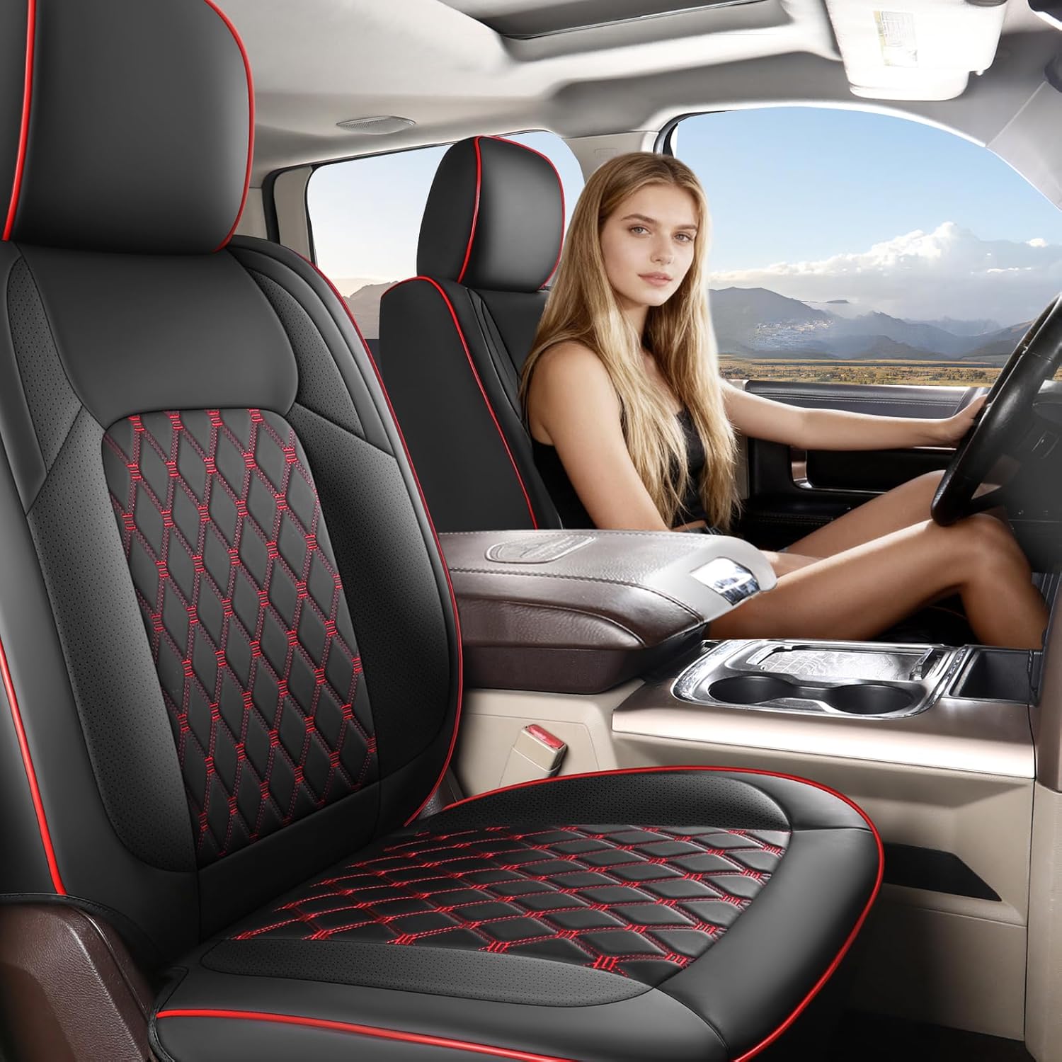 Umbrauto Custom Seat Covers fit for Dodge Ram 1500 2500 3500, Full Coverage Luxury Leather Ram Truck Seat Cover 2009-2025 Compatible with Crew Cab Double Quad Regular (Full Set (Flat Rear))