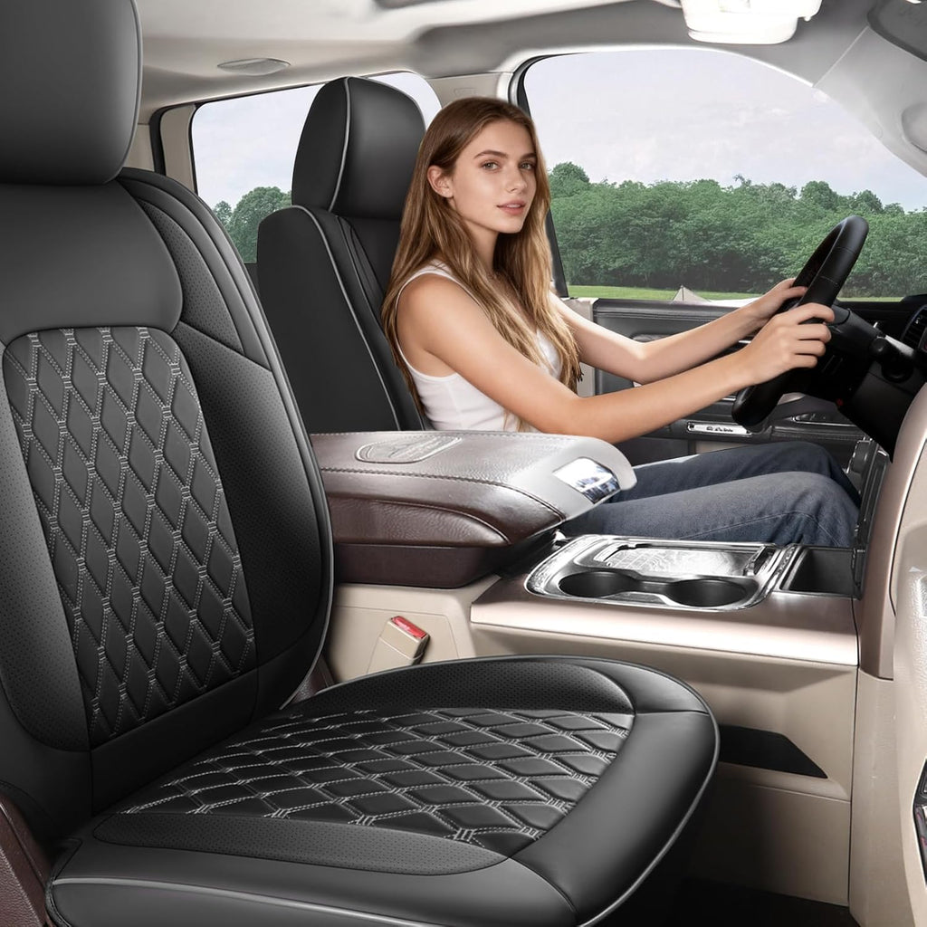 Umbrauto Custom Seat Covers fit for Dodge Ram 1500 2500 3500, Full Coverage Luxury Leather Ram Truck Seat Cover 2009-2025 Compatible with Crew Cab Double Quad Regular (Full Set (Flat Rear))