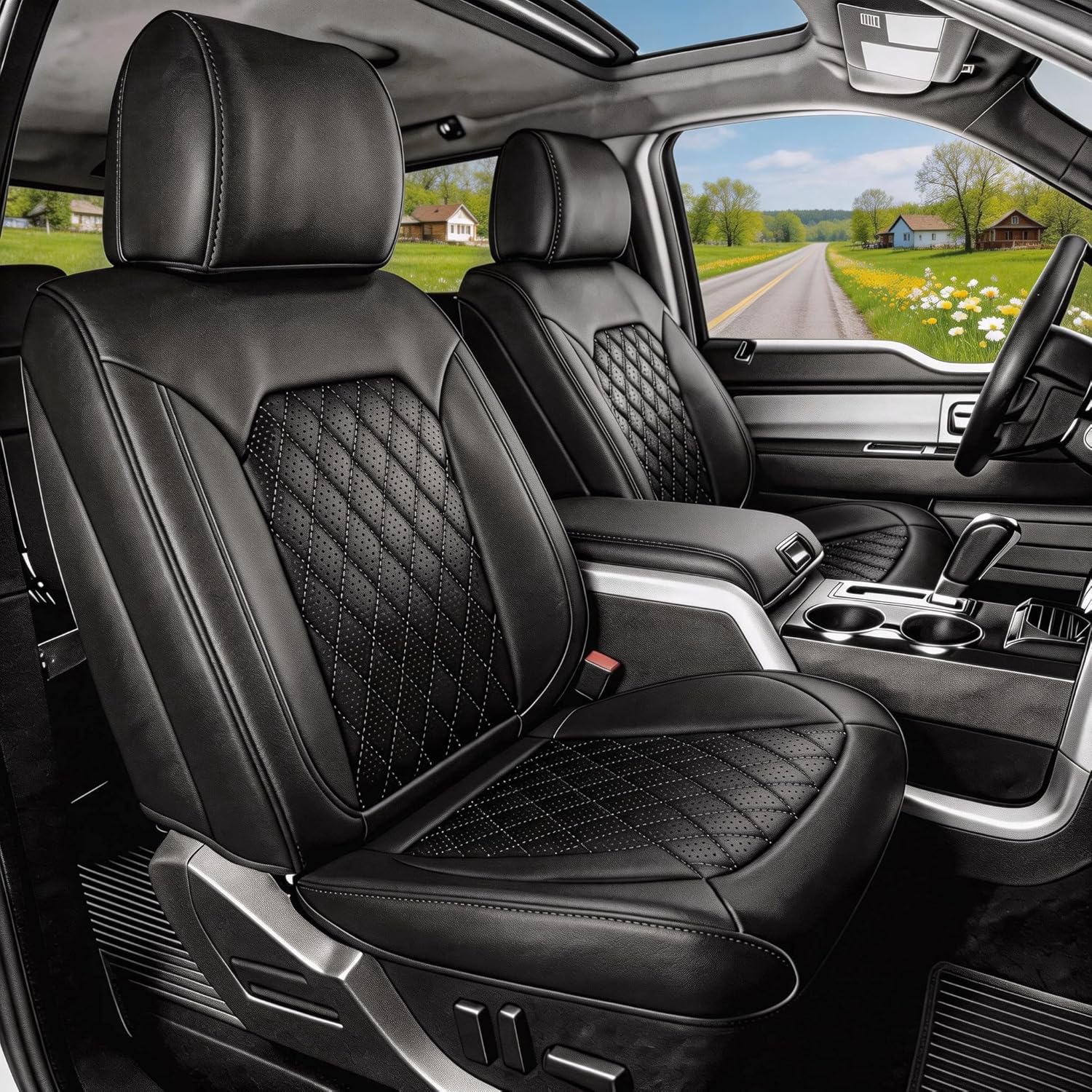 Umbrauto Custom Seat Covers fit for Dodge Ram 1500 2500 3500, Full Coverage Luxury Leather Ram Truck Seat Cover 2009-2025 Compatible with Crew Cab Double Quad Regular (Full Set (Flat Rear))