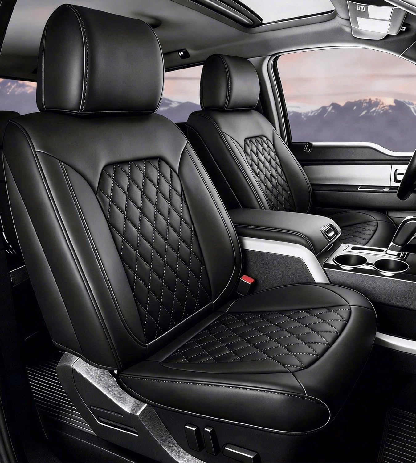 Umbrauto Custom Fit Seat Covers for Ford F150, Pickup Truck Nappa Leather Seatcovers for 2015-2025 Ford F150 SuperCrew/ 2017-2025 F250 F350 F450 Super Duty Crew Cab XL XLT Lariat King Ranch Platinum,Black