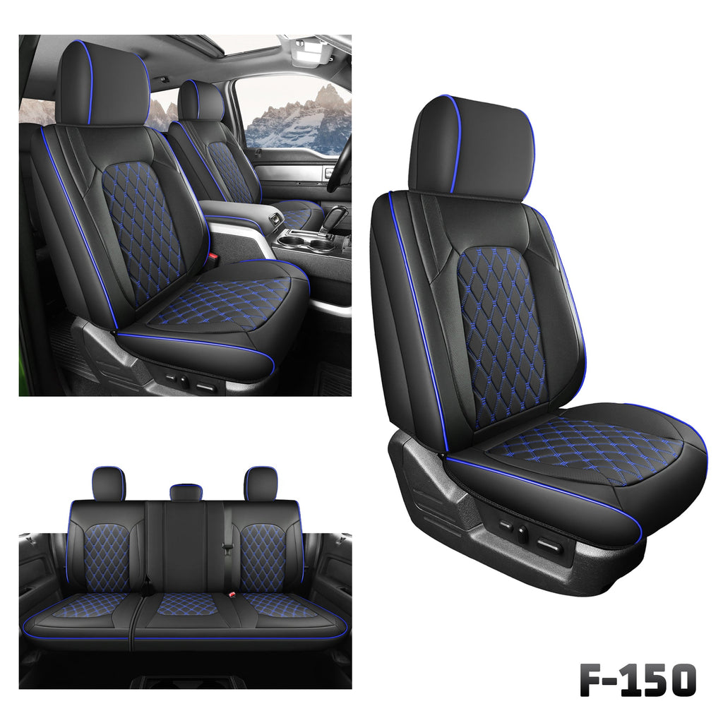 Umbrauto Custom Fit Seat Covers for Ford F150, Pickup Truck Nappa Leather Seatcovers for 2015-2025 Ford F150 SuperCrew/ 2017-2025 F250 F350 F450 Super Duty Crew Cab XL XLT Lariat King Ranch Platinum,Blue