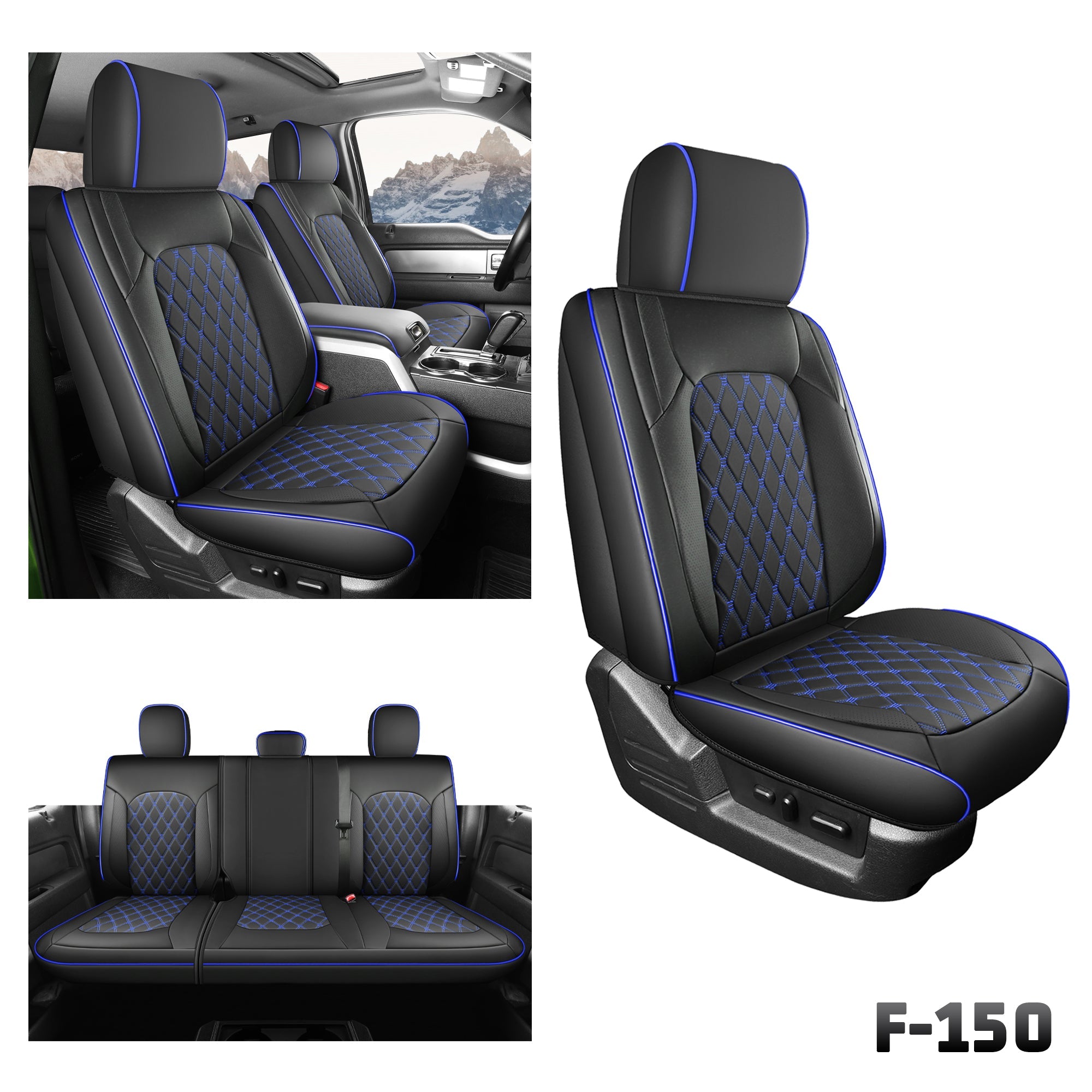 Umbrauto Custom Fit Seat Covers for Ford F150, Pickup Truck Nappa Leather Seatcovers for 2015-2025 Ford F150 SuperCrew/ 2017-2025 F250 F350 F450 Super Duty Crew Cab XL XLT Lariat King Ranch Platinum,Blue