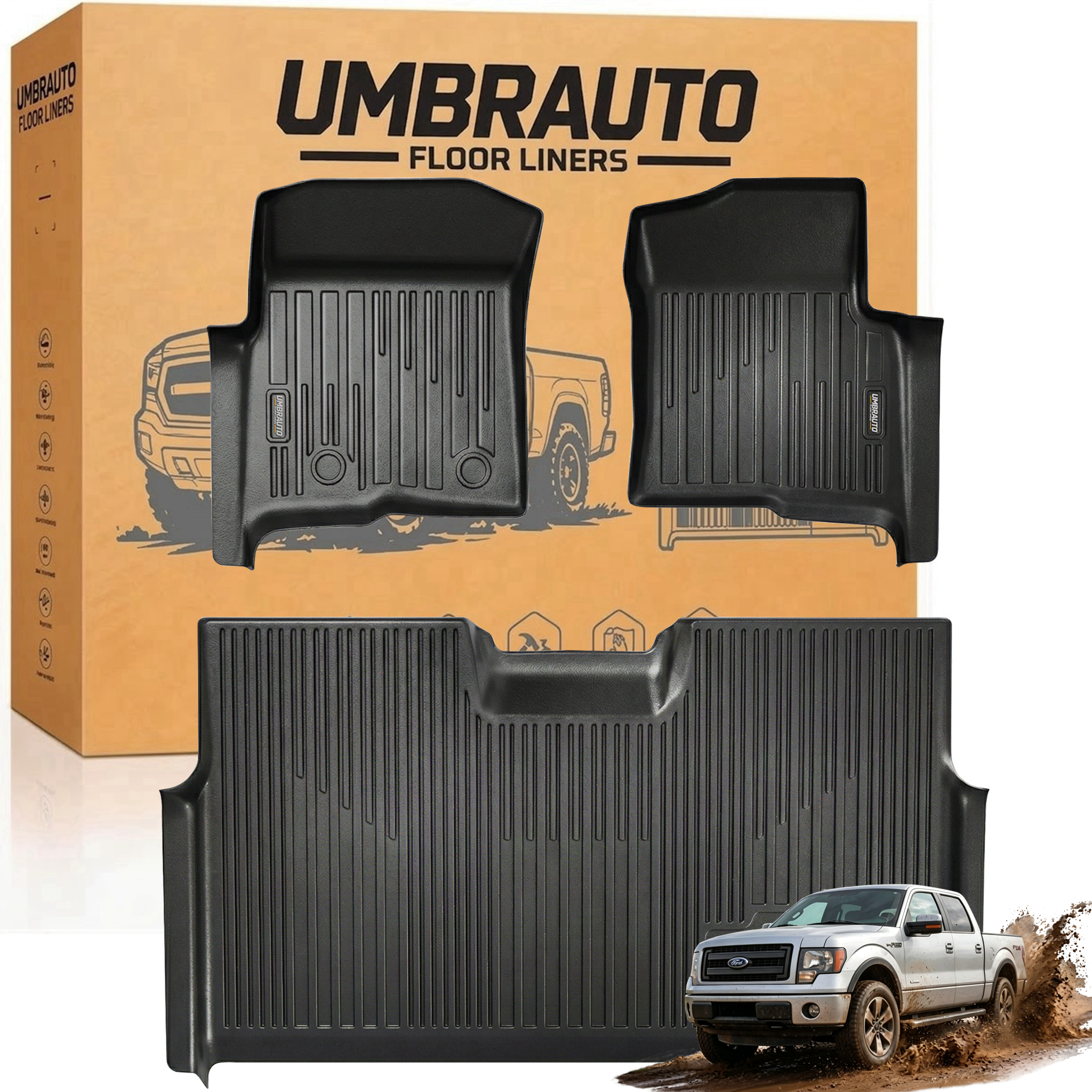Umbrauto Custom Fit Floor Mats for Ford F150 SuperCrew 2010-2014 (Not for SuperCab or Regular Cab), All Weather TPE Pickup Truck Floor Liners for Front and Rear Row, Durable Non-Slip Automotive Mats
