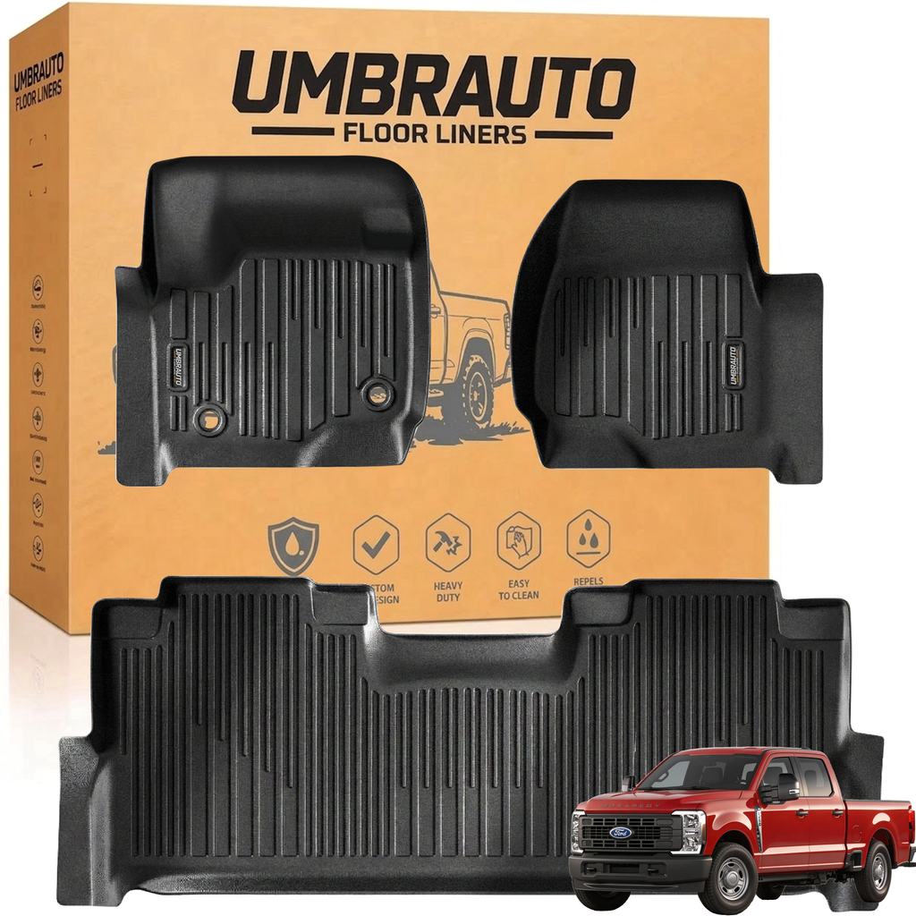 Umbrauto Custom Fit Floor Mats for Ford F250 F350 F450 2017-2025 2026 Super Duty Crew Cab, All Weather Protector TPE Truck Floor Liners for Front Bucket Seats, Rear W/Fold-Flat Storage, Carpet Floor