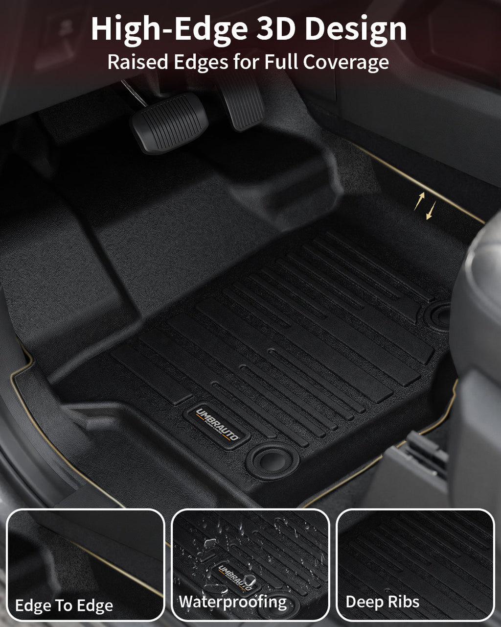 Umbrauto All Weather Floor Mats for Ford F150 SuperCrew 2015-2025 2026 & Lightning 2022-2026, Custom Fit TPE Truck Floor Liners, Waterproof Heavy Duty Full Coverage, Rear w/o Fold Flat Storage