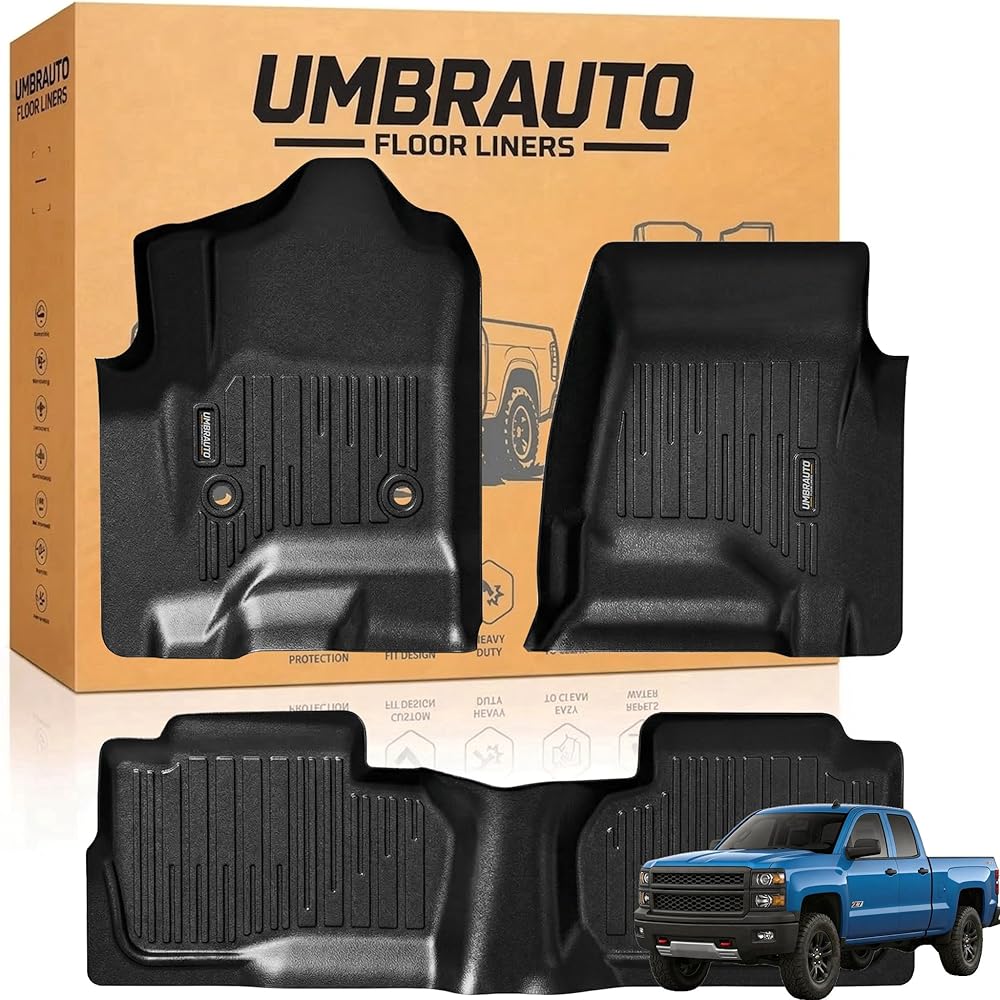 Umbrauto Custom Fit Floor Mats for Chevy Silverado/GMC Sierra Double Cab 1500 2014-2018, 2500HD/3500HD 2015-2019, All Weather TPE Truck Floor Liners for Carpet Floor, Front&Rear Row, Footwell Coverage