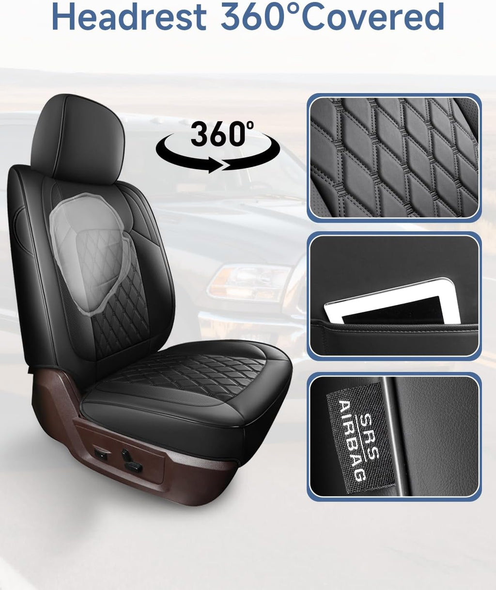 Custom Seat Covers fit for Dodge Ram 1500 2500 3500, Full Coverage Luxury Leather Ram Truck Seat Cover 2009-2025 Compatible with Crew Cab Double Quad Regular ( Full Set (Flat Front/Curved Rear))
