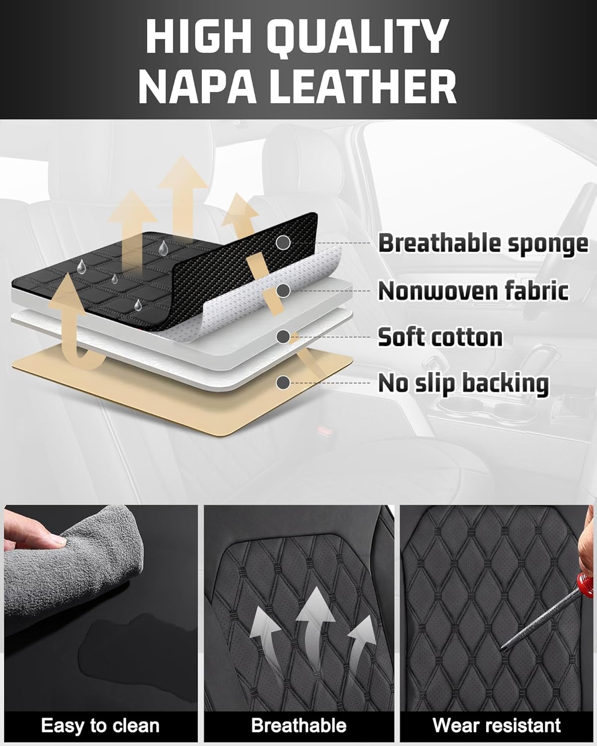 Umbrauto Custom Fit Seat Covers for Ford F150, Pickup Truck Nappa Leather Seatcovers for 2015-2025 Ford F150 SuperCrew/ 2017-2025 F250 F350 F450 Super Duty Crew Cab XL XLT Lariat King Ranch Platinum,Black