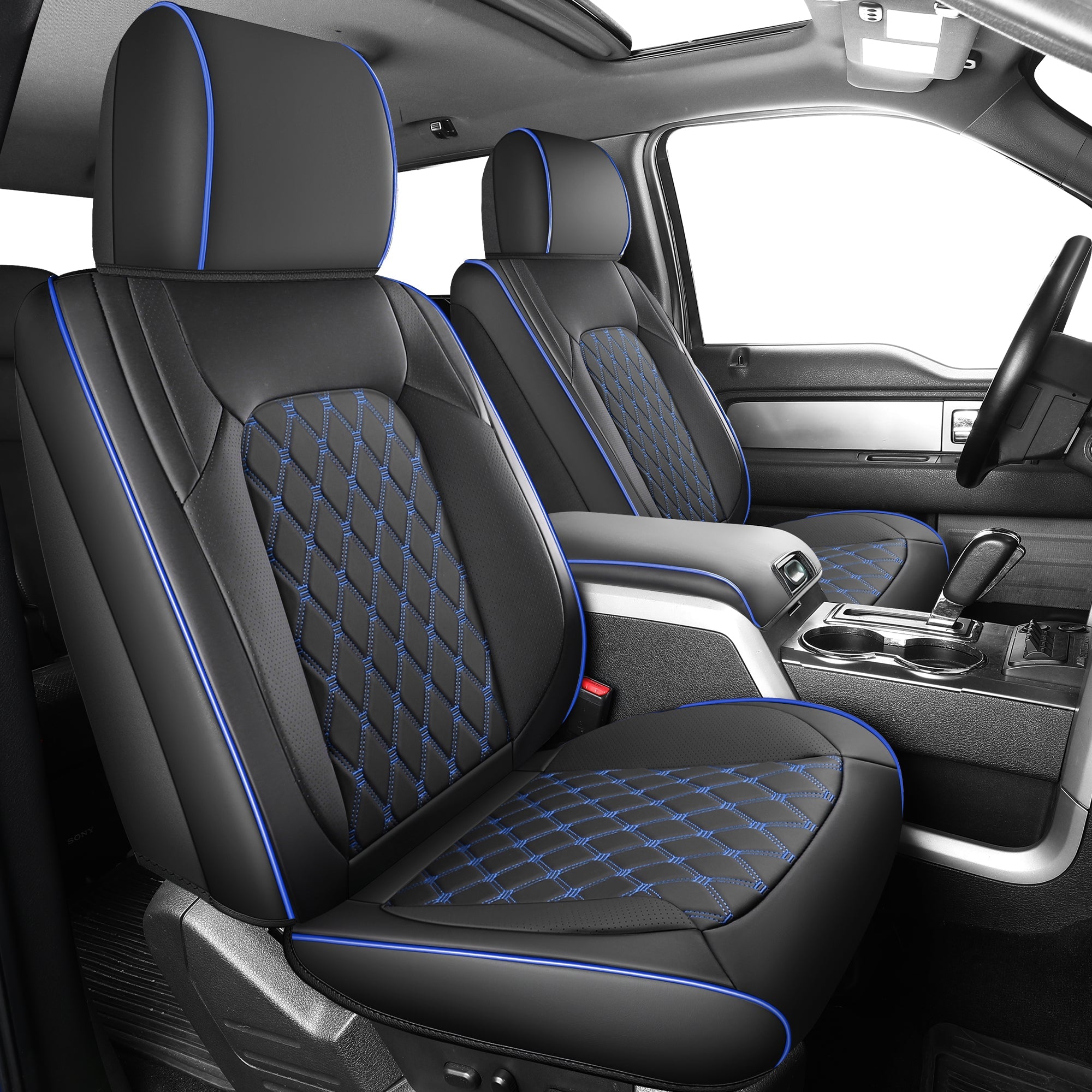 Umbrauto Custom Fit Seat Covers for Ford F150, Pickup Truck Nappa Leather Seatcovers for 2015-2025 Ford F150 SuperCrew/ 2017-2025 F250 F350 F450 Super Duty Crew Cab XL XLT Lariat King Ranch Platinum,Blue