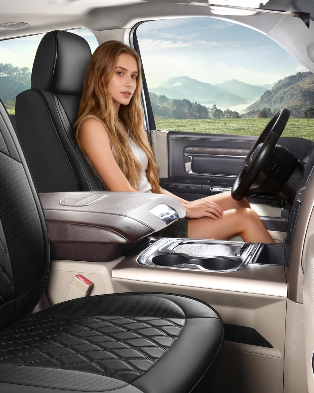 Umbrauto Custom Seat Covers fit for Dodge Ram 1500 2500 3500, Full Coverage Luxury Leather Ram Truck Seat Cover 2009-2025 Compatible with Crew Cab Double Quad Regular (Full Set (Flat Rear))